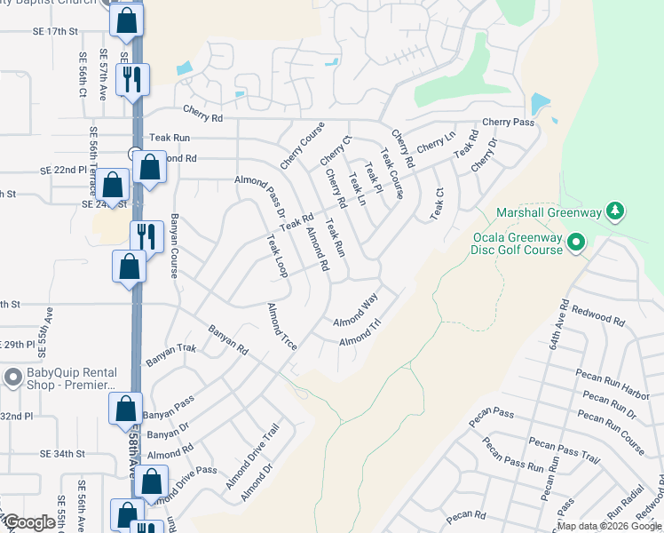map of restaurants, bars, coffee shops, grocery stores, and more near 89 Almond Road in Ocala