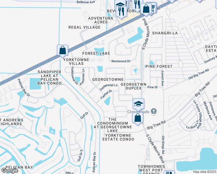 map of restaurants, bars, coffee shops, grocery stores, and more near 195 Centennial Lane in Daytona Beach
