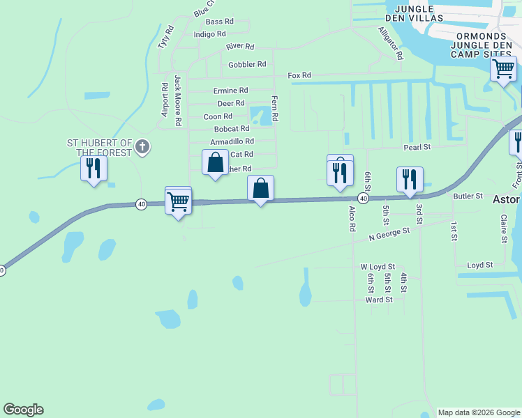 map of restaurants, bars, coffee shops, grocery stores, and more near 24150 Butler Street in Astor