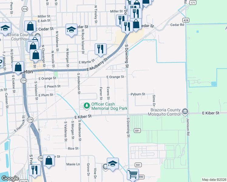 map of restaurants, bars, coffee shops, grocery stores, and more near 405 Evans Street in Angleton