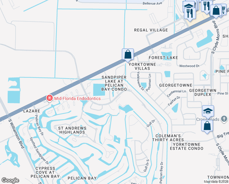 map of restaurants, bars, coffee shops, grocery stores, and more near 110 Blue Heron Drive in Daytona Beach