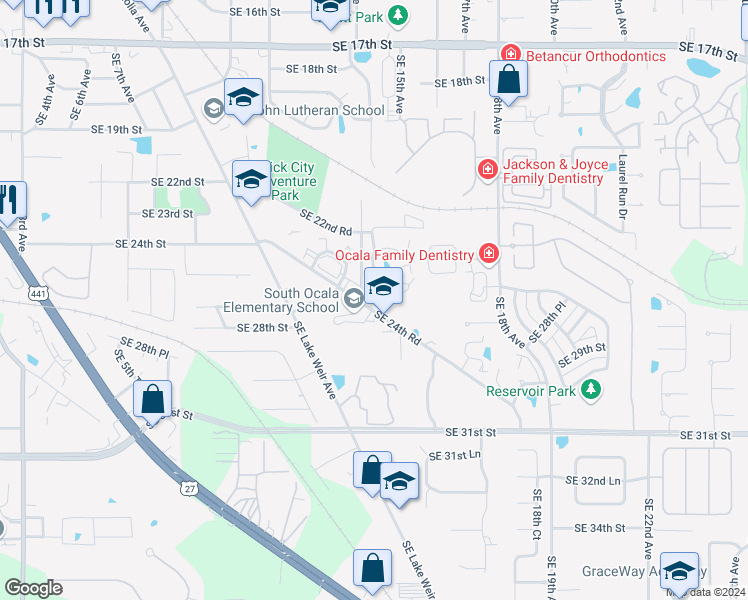 map of restaurants, bars, coffee shops, grocery stores, and more near 1430 Southeast 24th Road in Ocala