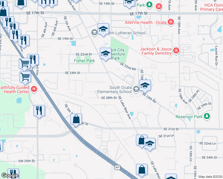 map of restaurants, bars, coffee shops, grocery stores, and more near 1110 Southeast 27th Street in Ocala