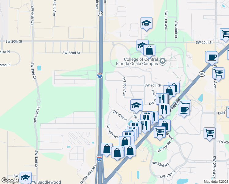 map of restaurants, bars, coffee shops, grocery stores, and more near 2619 Southwest 37th Drive in Ocala