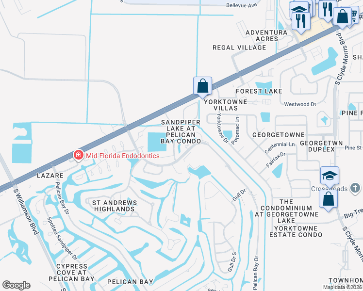 map of restaurants, bars, coffee shops, grocery stores, and more near 110 Blue Heron Drive in Daytona Beach