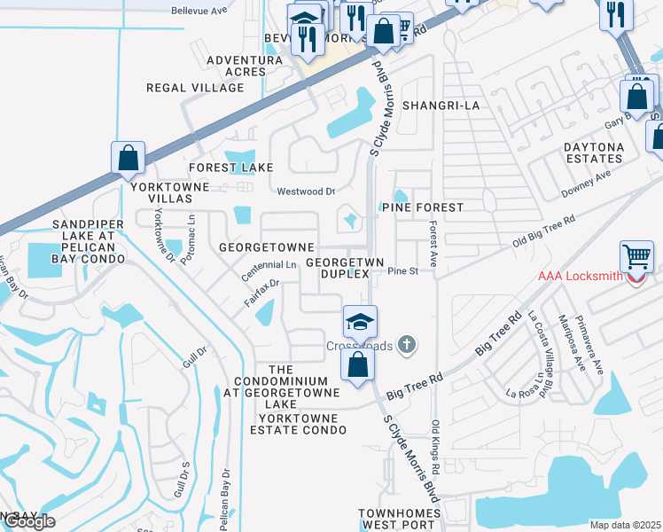 map of restaurants, bars, coffee shops, grocery stores, and more near 114 Woodbridge Circle South in Daytona Beach
