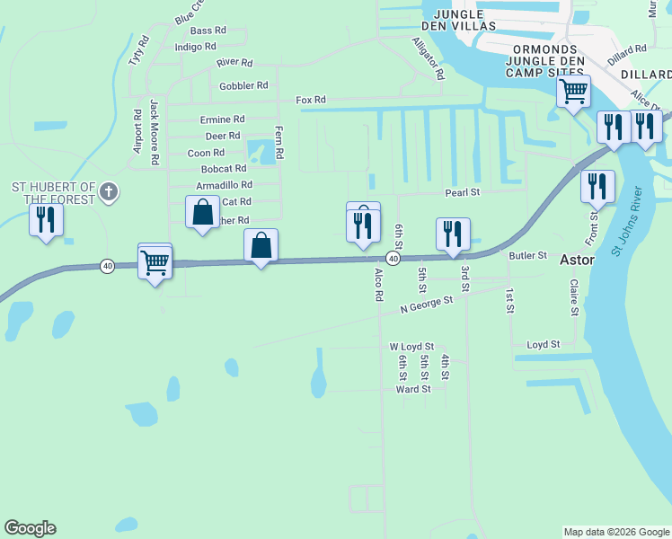 map of restaurants, bars, coffee shops, grocery stores, and more near 24150-24412 Butler Street in Astor