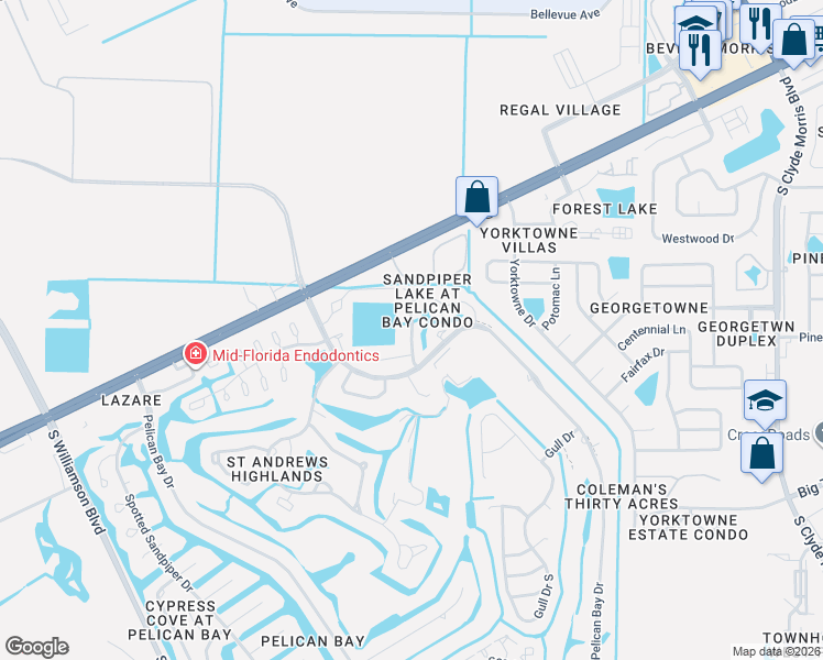 map of restaurants, bars, coffee shops, grocery stores, and more near 110 Blue Heron Drive in Daytona Beach