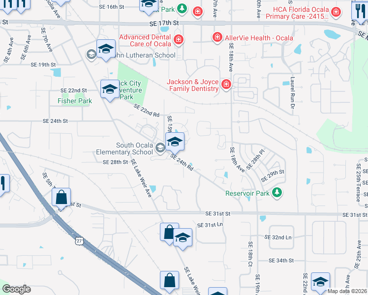 map of restaurants, bars, coffee shops, grocery stores, and more near 1501 Southeast 24th Road in Ocala