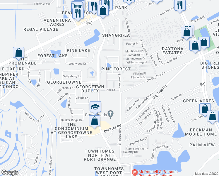 map of restaurants, bars, coffee shops, grocery stores, and more near 1187 Pine Street in Daytona Beach