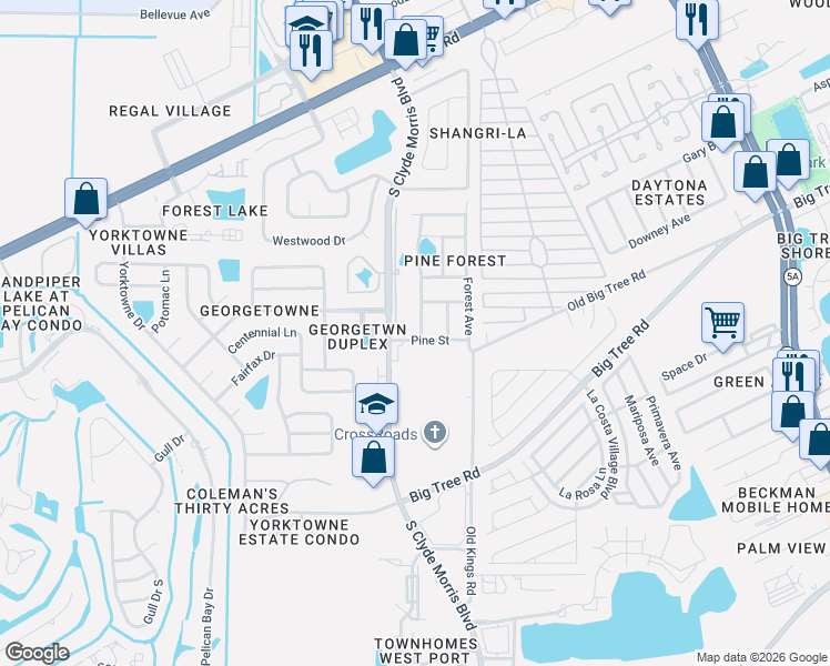 map of restaurants, bars, coffee shops, grocery stores, and more near 1187 Pine Street in Daytona Beach