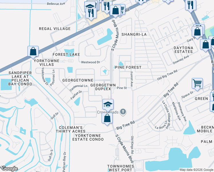 map of restaurants, bars, coffee shops, grocery stores, and more near 146 Woodbridge Circle South in Daytona Beach