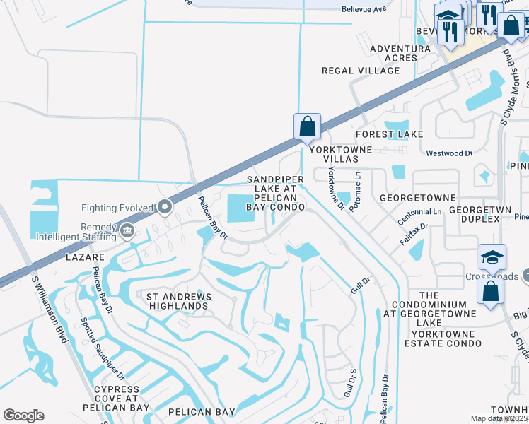 map of restaurants, bars, coffee shops, grocery stores, and more near 110 Blue Heron Drive in Daytona Beach