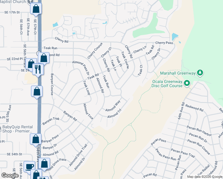 map of restaurants, bars, coffee shops, grocery stores, and more near 89 Almond Road in Ocala