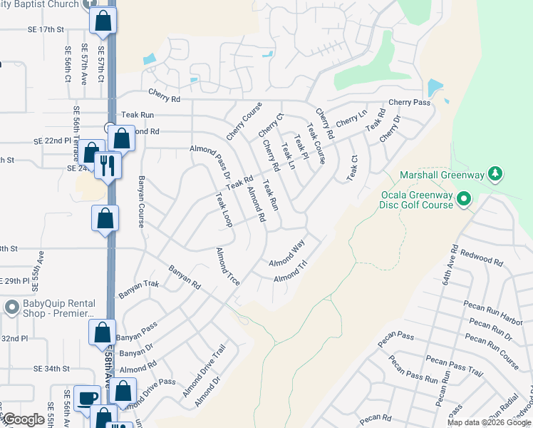 map of restaurants, bars, coffee shops, grocery stores, and more near 89 Almond Road in Ocala