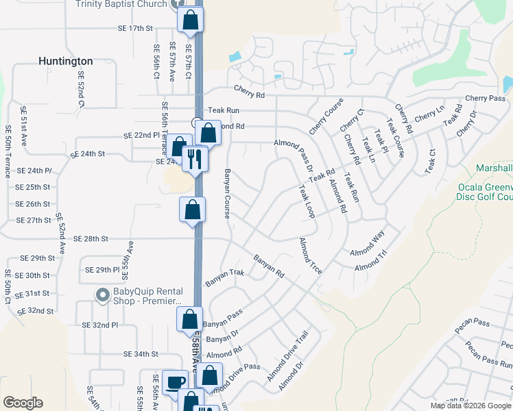 map of restaurants, bars, coffee shops, grocery stores, and more near 15 Teak Road in Ocala