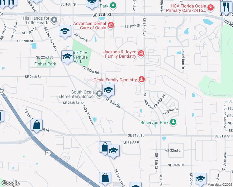 map of restaurants, bars, coffee shops, grocery stores, and more near 1501 Southeast 24th Road in Ocala