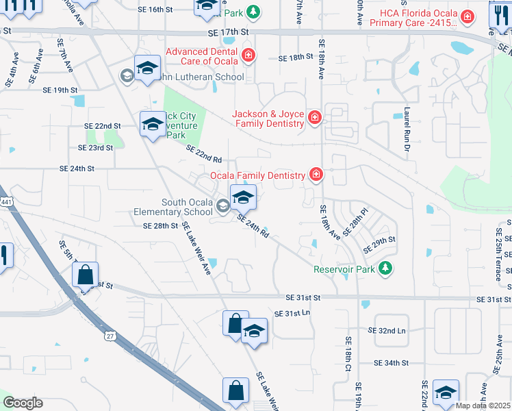 map of restaurants, bars, coffee shops, grocery stores, and more near 1501 Southeast 24th Road in Ocala