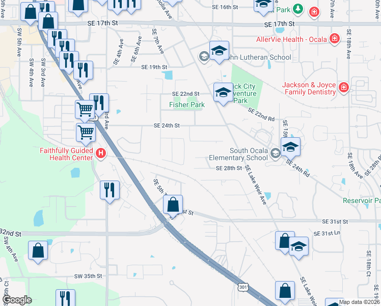 map of restaurants, bars, coffee shops, grocery stores, and more near 2720 Southeast 8th Avenue in Ocala