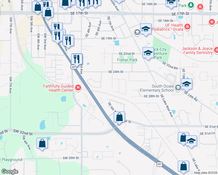 map of restaurants, bars, coffee shops, grocery stores, and more near 511 Southeast 28th Place in Ocala