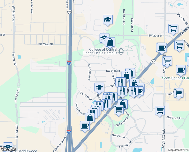 map of restaurants, bars, coffee shops, grocery stores, and more near 3505 Southwest 27th Street in Ocala