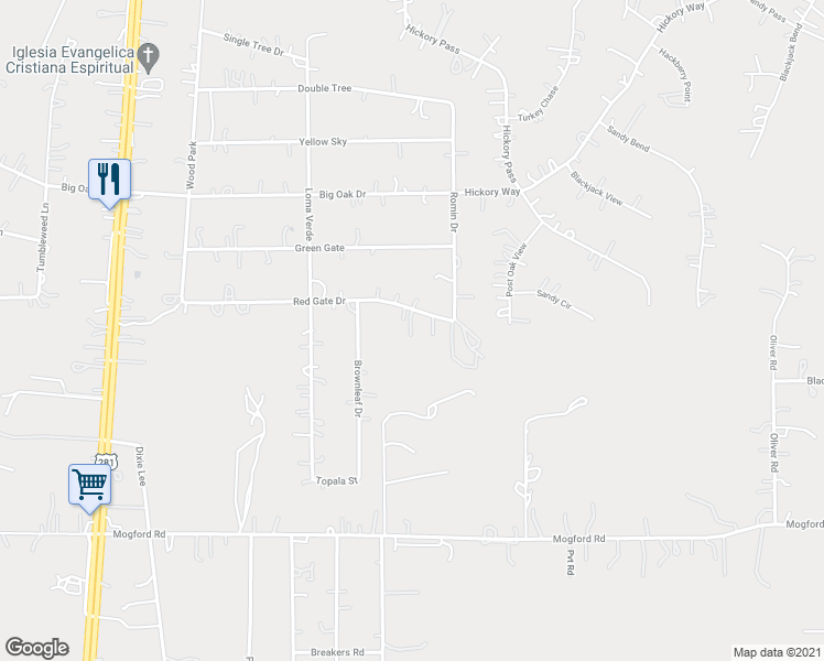 map of restaurants, bars, coffee shops, grocery stores, and more near 1618 Red Gate Drive in San Antonio