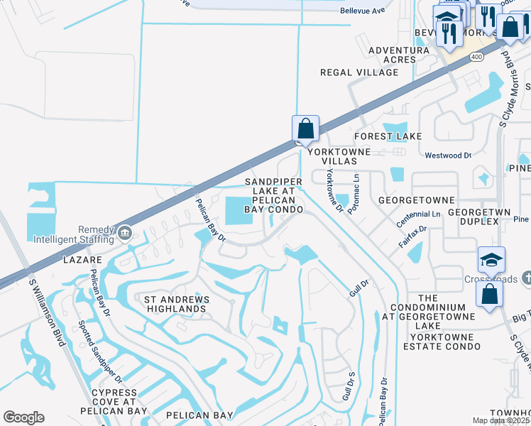 map of restaurants, bars, coffee shops, grocery stores, and more near 129 Golden Eye Drive in Daytona Beach