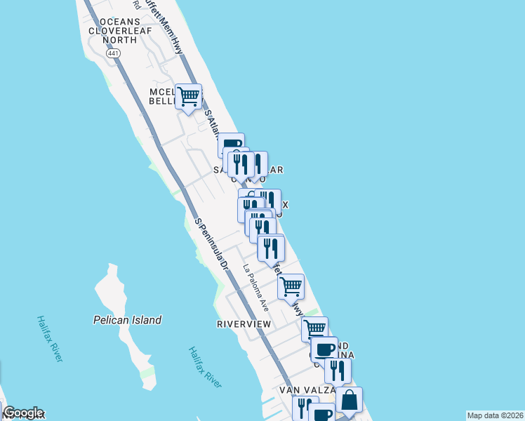map of restaurants, bars, coffee shops, grocery stores, and more near 3159 Florida A1A in Daytona Beach Shores