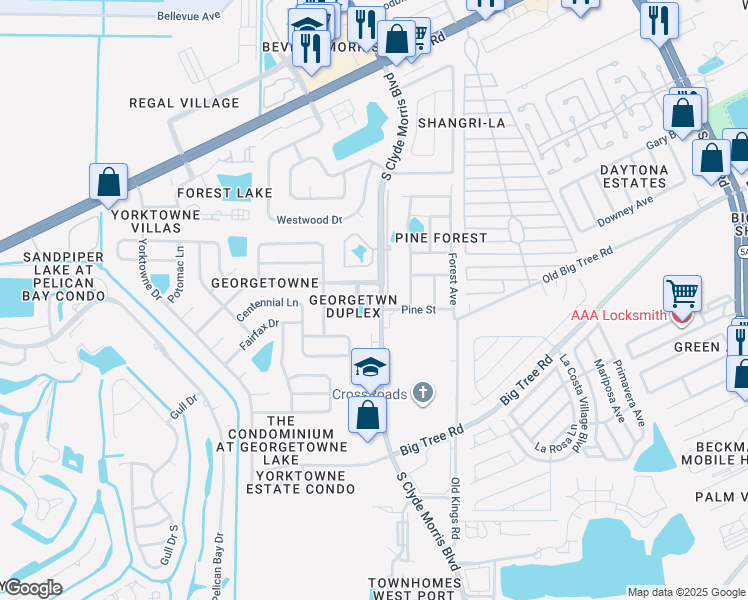map of restaurants, bars, coffee shops, grocery stores, and more near 146 Woodbridge Circle South in Daytona Beach