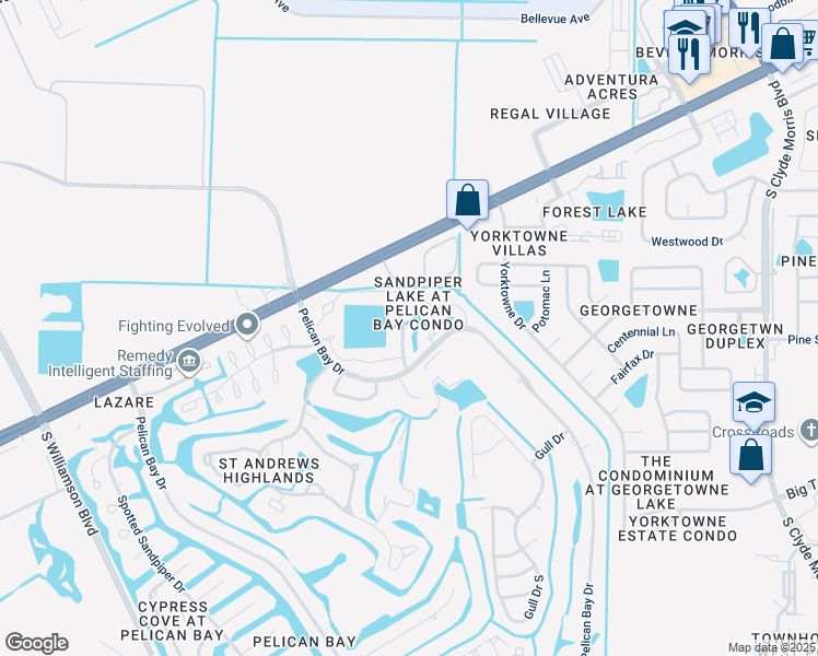 map of restaurants, bars, coffee shops, grocery stores, and more near 110 Blue Heron Drive in Daytona Beach