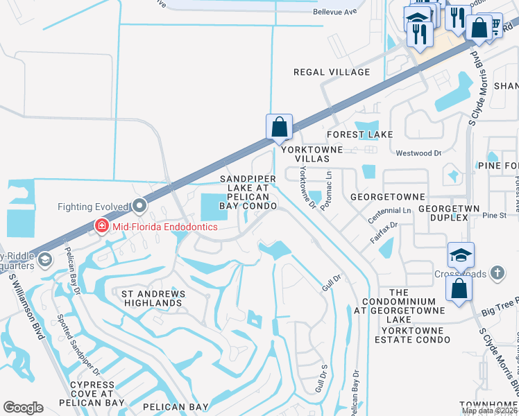 map of restaurants, bars, coffee shops, grocery stores, and more near 149 Blue Heron Drive in Daytona Beach