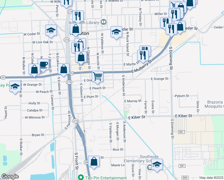 map of restaurants, bars, coffee shops, grocery stores, and more near 209 South Morgan Street in Angleton