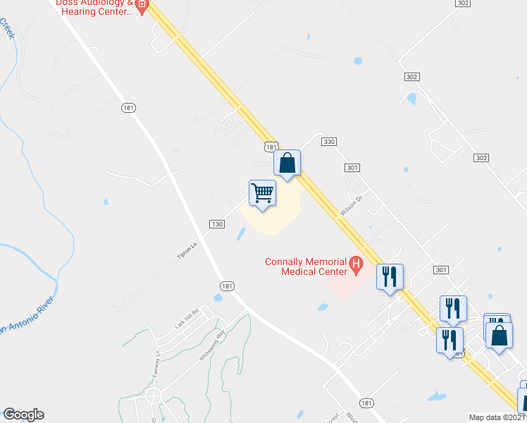 map of restaurants, bars, coffee shops, grocery stores, and more near 305 10th Street in Floresville