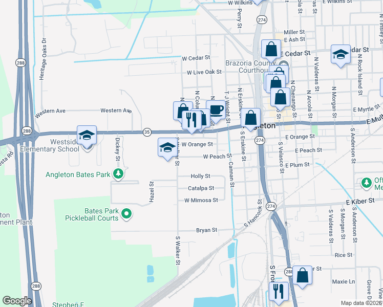 map of restaurants, bars, coffee shops, grocery stores, and more near 617 West Orange Street in Angleton