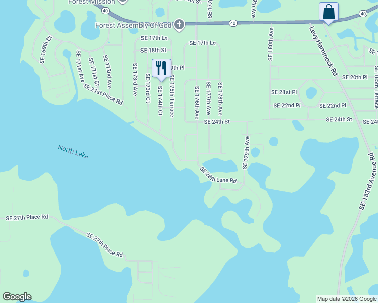 map of restaurants, bars, coffee shops, grocery stores, and more near 2642 Southeast 175th Terrace Road in Silver Springs