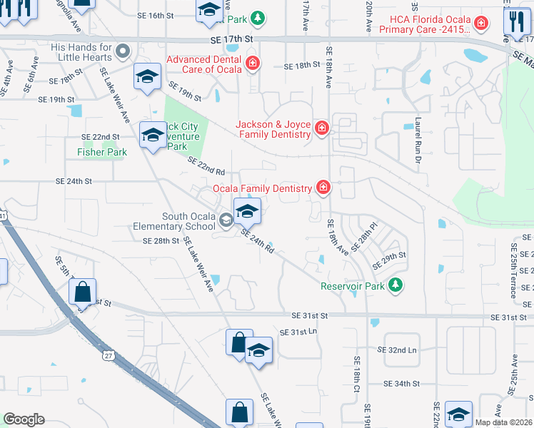map of restaurants, bars, coffee shops, grocery stores, and more near 1562 Southeast 27th Street in Ocala