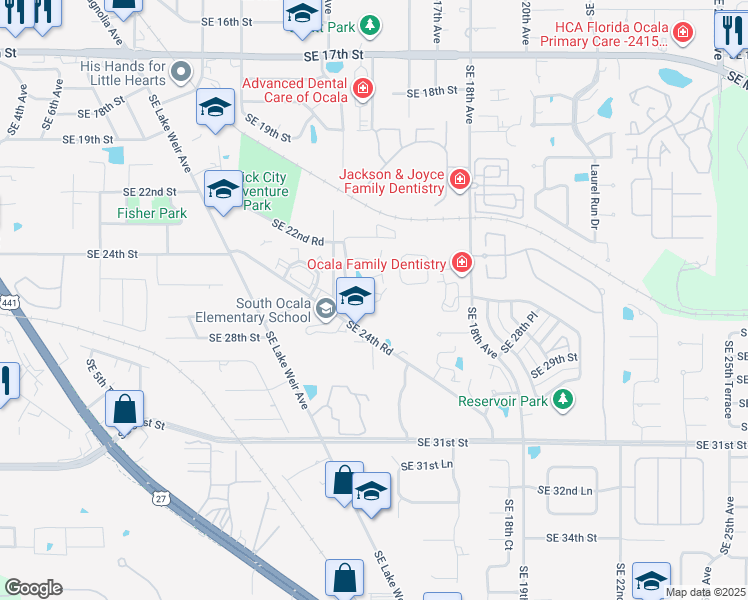 map of restaurants, bars, coffee shops, grocery stores, and more near 1615 Southeast 25th Street in Ocala