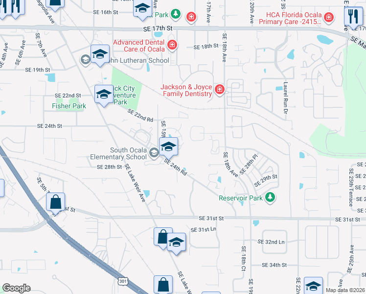 map of restaurants, bars, coffee shops, grocery stores, and more near 1615 Southeast 25th Street in Ocala