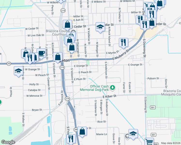 map of restaurants, bars, coffee shops, grocery stores, and more near 403 East Peach Street in Angleton