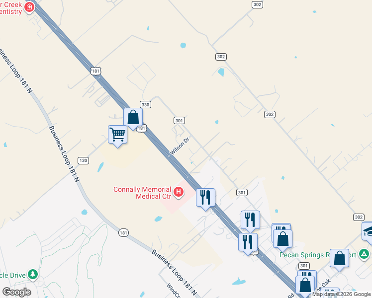 map of restaurants, bars, coffee shops, grocery stores, and more near 828 County Road 301 in Floresville