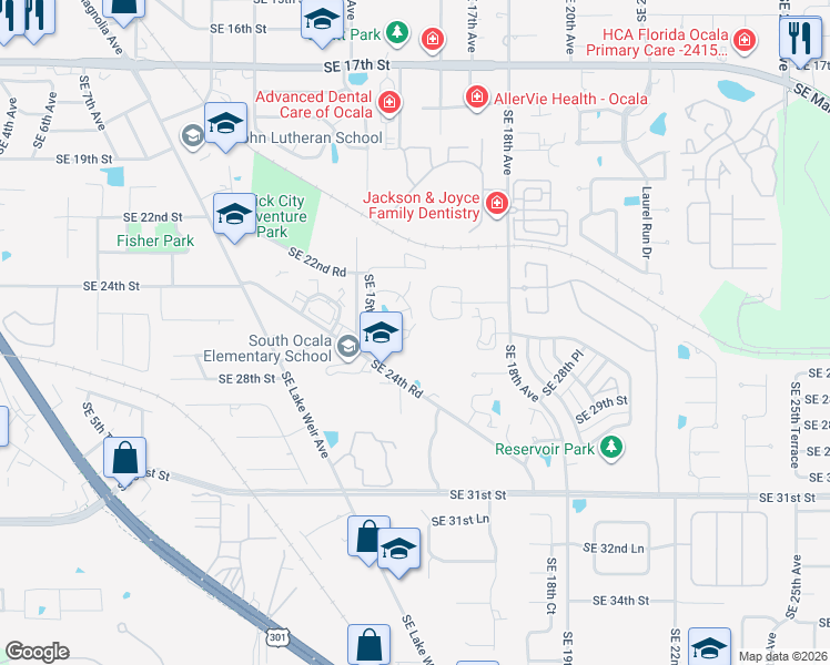 map of restaurants, bars, coffee shops, grocery stores, and more near 1615 Southeast 25th Street in Ocala