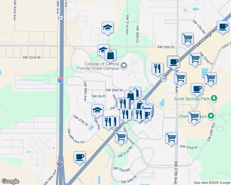 map of restaurants, bars, coffee shops, grocery stores, and more near 3220 Southwest 26th Street in Ocala