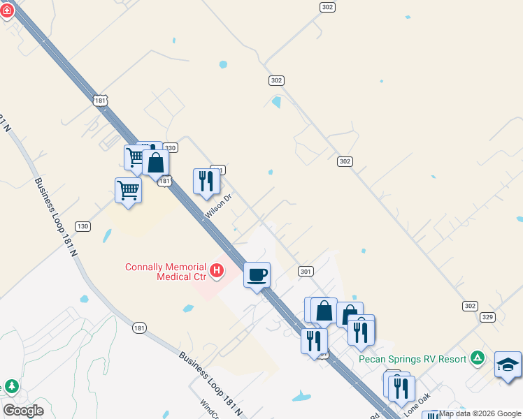 map of restaurants, bars, coffee shops, grocery stores, and more near 828 County Road 301 in Floresville