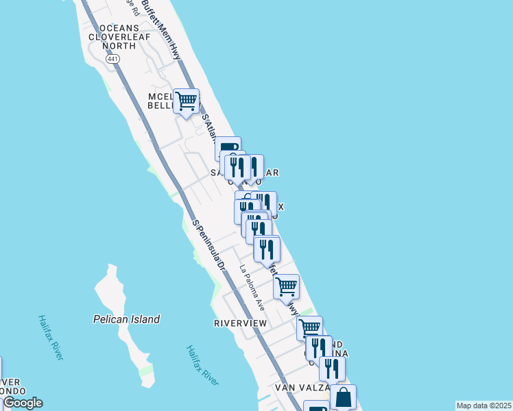 map of restaurants, bars, coffee shops, grocery stores, and more near 3135 South Atlantic Avenue in Daytona Beach Shores