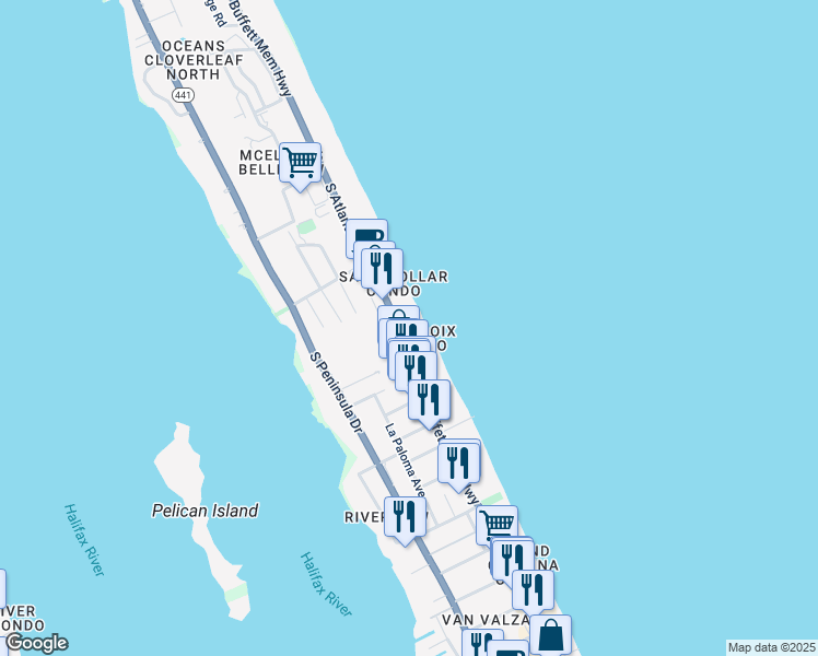 map of restaurants, bars, coffee shops, grocery stores, and more near 3135 South Atlantic Avenue in Daytona Beach Shores