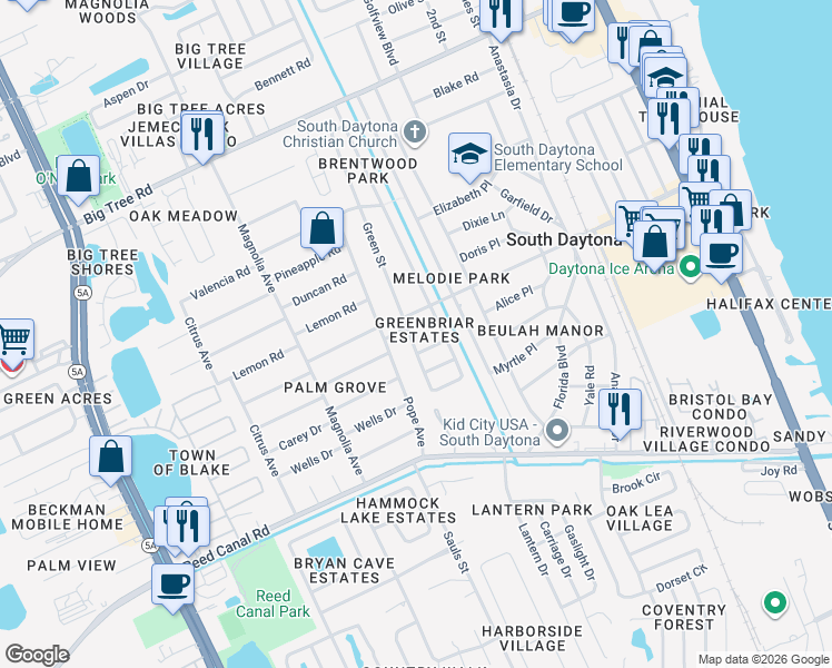 map of restaurants, bars, coffee shops, grocery stores, and more near 749 Ridge Boulevard in South Daytona
