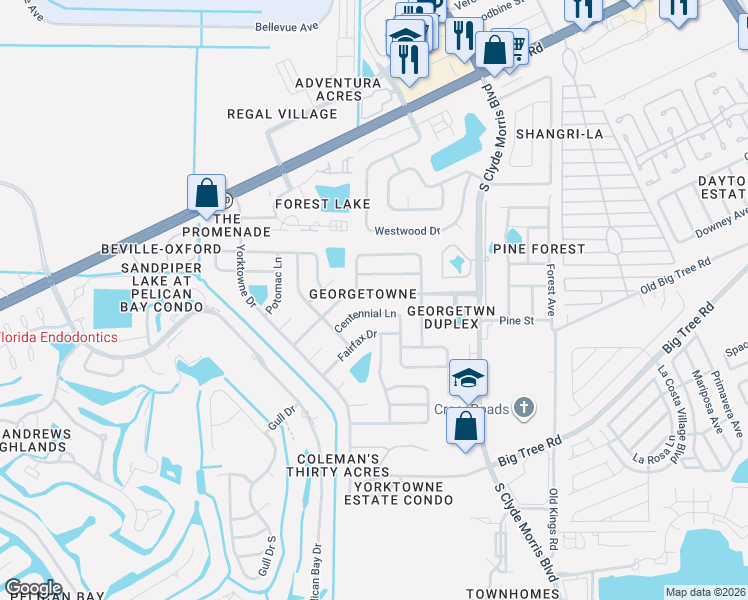map of restaurants, bars, coffee shops, grocery stores, and more near 232 Georgetowne Boulevard in Daytona Beach