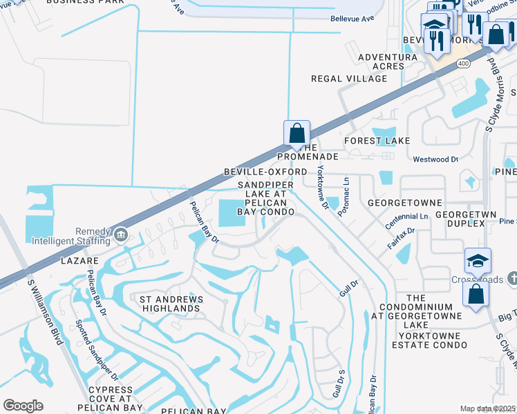 map of restaurants, bars, coffee shops, grocery stores, and more near 114 Blue Heron Drive in Daytona Beach