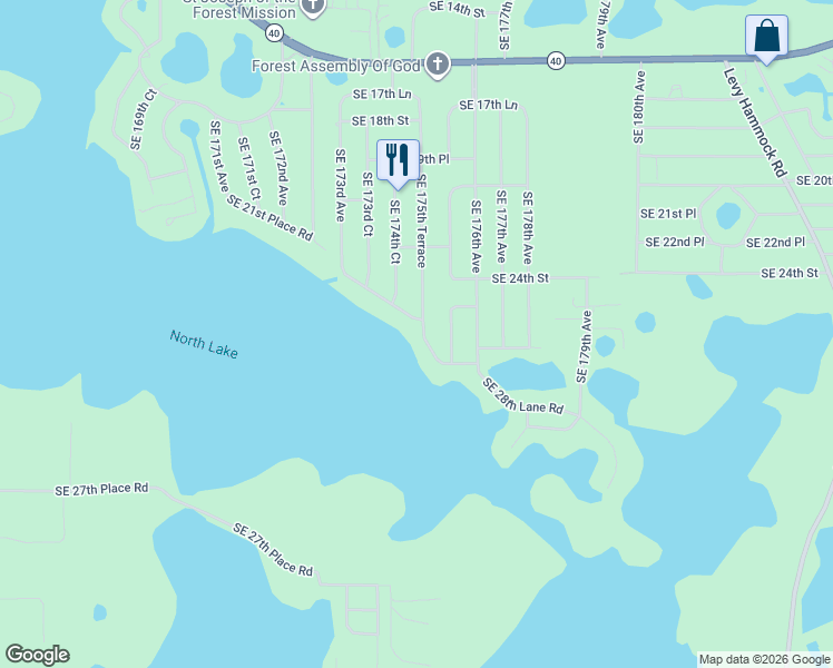 map of restaurants, bars, coffee shops, grocery stores, and more near 17484 Southeast 24th Lane Road in Silver Springs