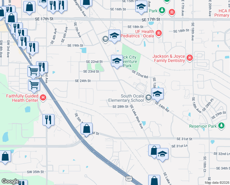 map of restaurants, bars, coffee shops, grocery stores, and more near 1007 Southeast 26th Street in Ocala